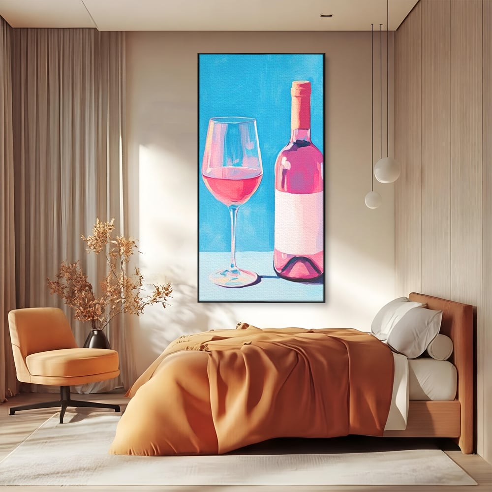 Tablou canvas cu pictura cu sticla de vin rose si pahar, in rama de aluminiu negru, pe perete intr-un dormitor
